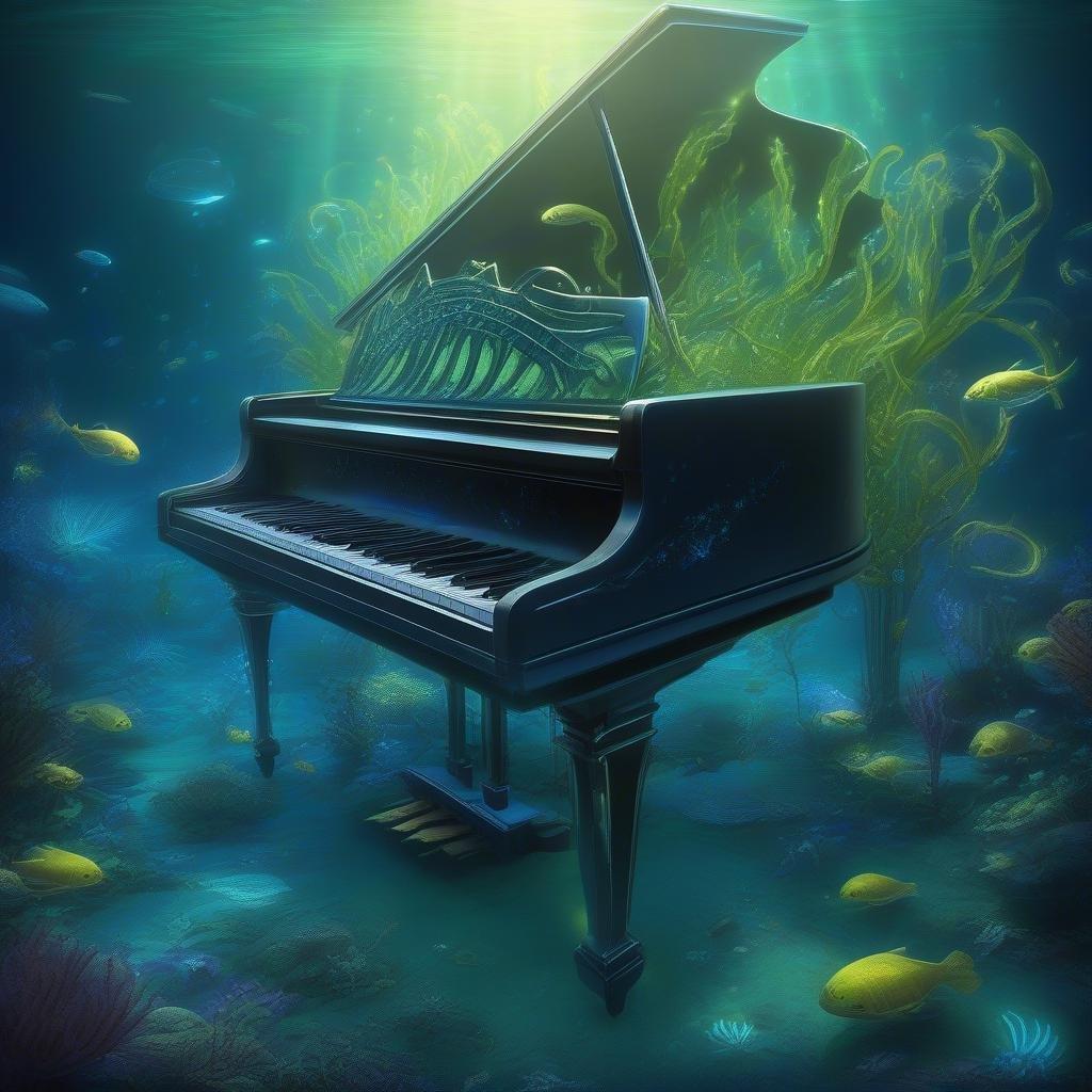 This stunning wallpaper features a grand piano submerged in the ocean, surrounded by vibrant marine life. The piano's keys are still intact, and the surrounding seaweed adds a touch of elegance to the scene.