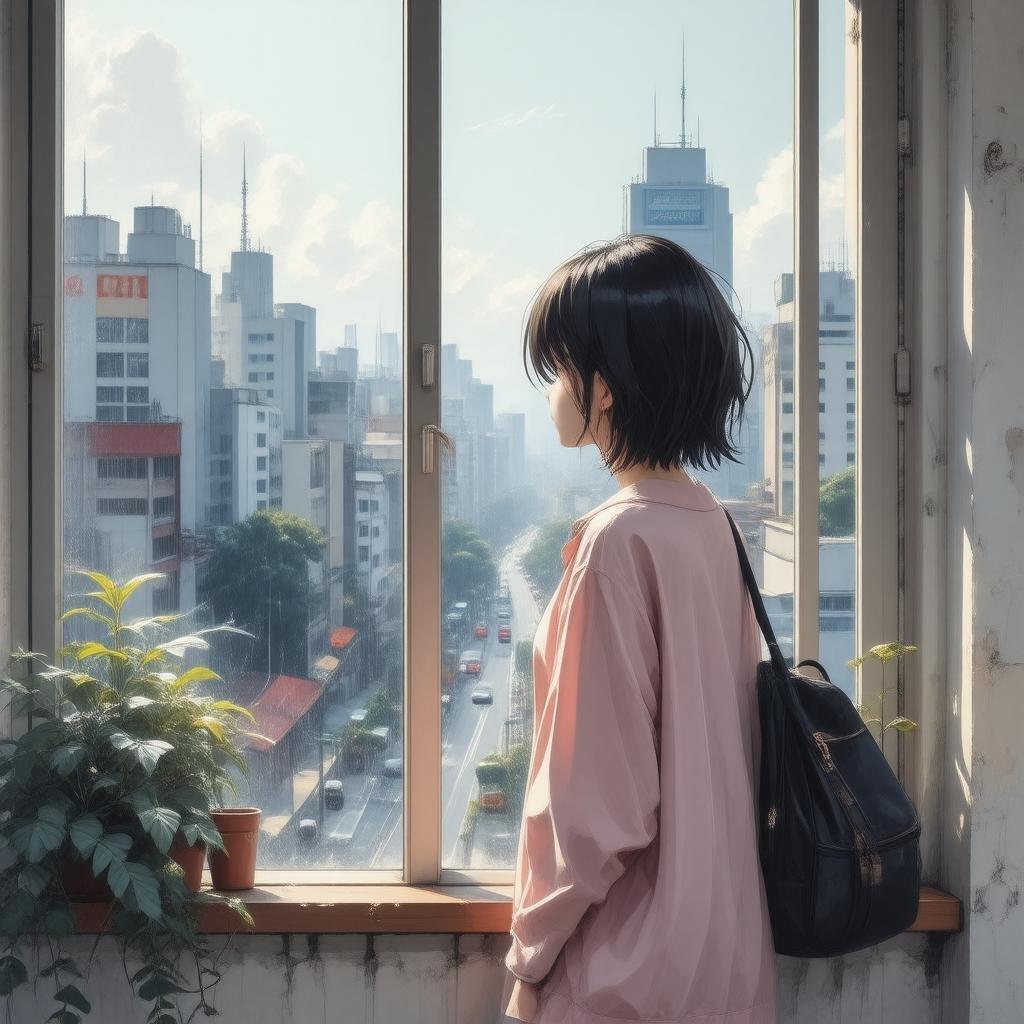 Immerse yourself in the nostalgic charm of this anime-style cityscape, where a pixel art city meets a moment of quiet contemplation.