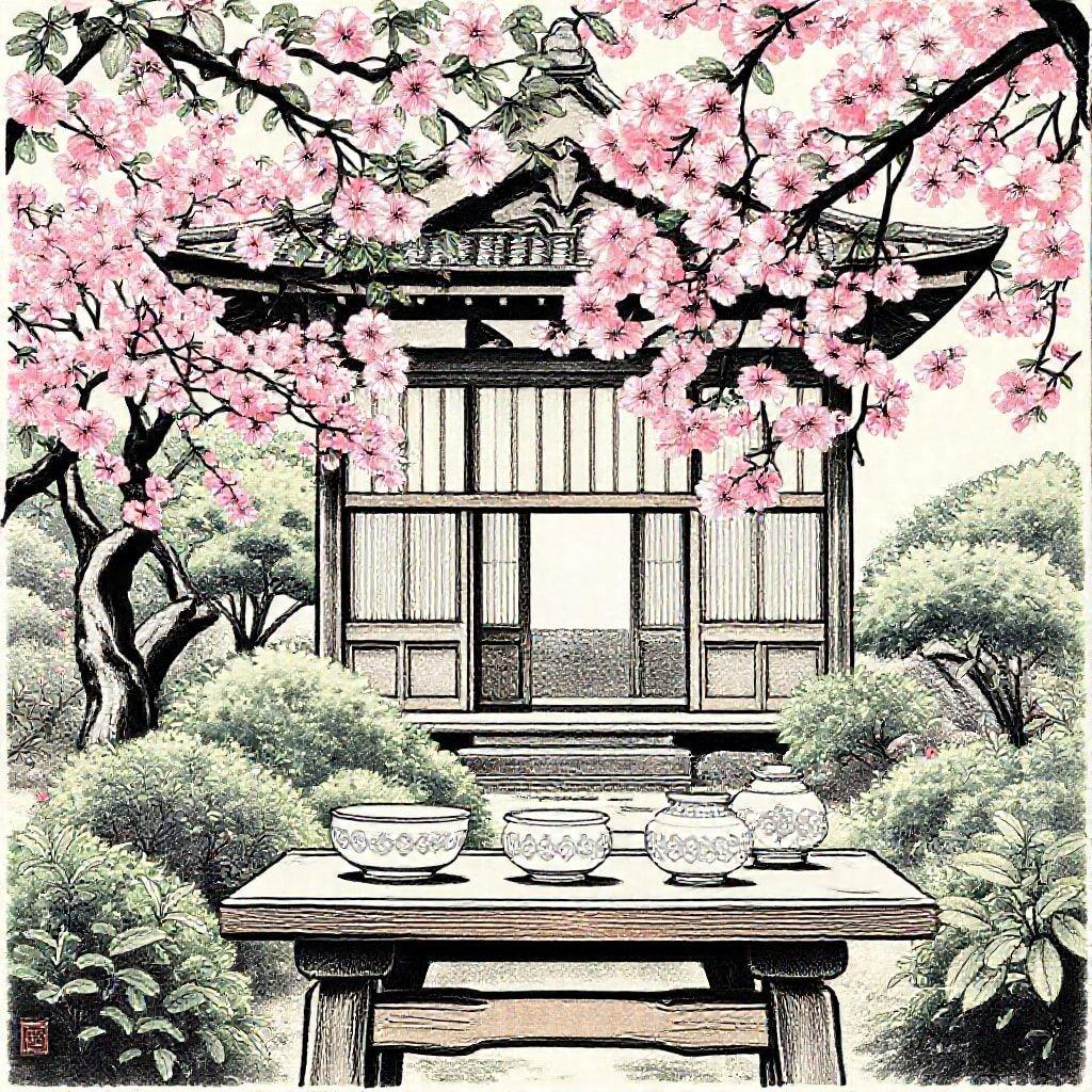 This stunning wallpaper features a serene traditional Japanese garden, complete with a beautiful cherry blossom tree and a traditional Japanese building. The image exudes a sense of peace and tranquility, making it perfect for anyone looking to bring a touch of Japanese culture into their home or workspace.