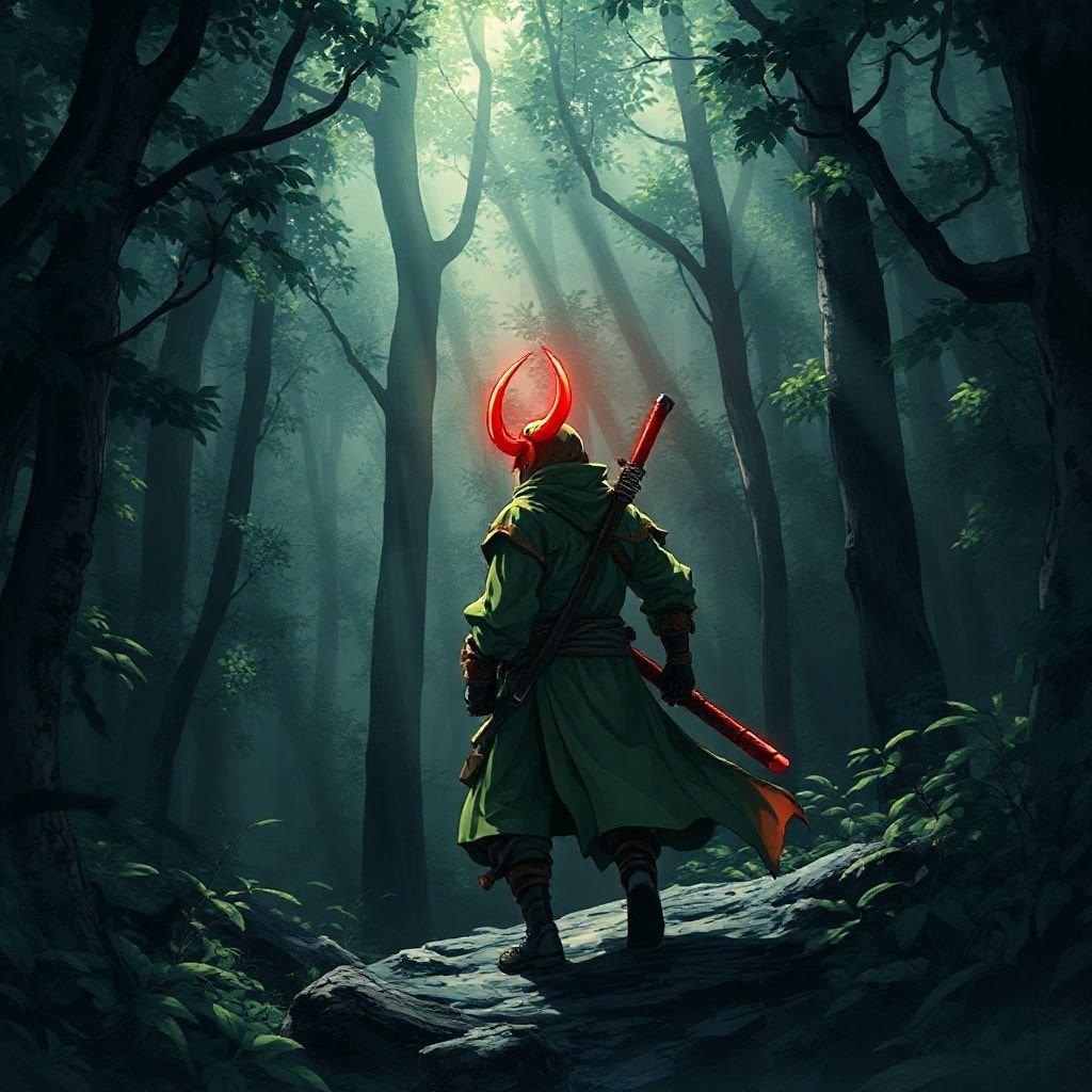 This captivating anime wallpaper features a lone ninja navigating through a dark forest, exuding an eerie and mysterious atmosphere. The ninja's vibrant green and brown attire, complemented by a glowing red horn and long red horn, adds to the sense of adventure and danger. The dark forest setting, with its twisted trees and dense foliage, creates a sense of foreboding and tension, drawing the viewer into the ninja's journey.