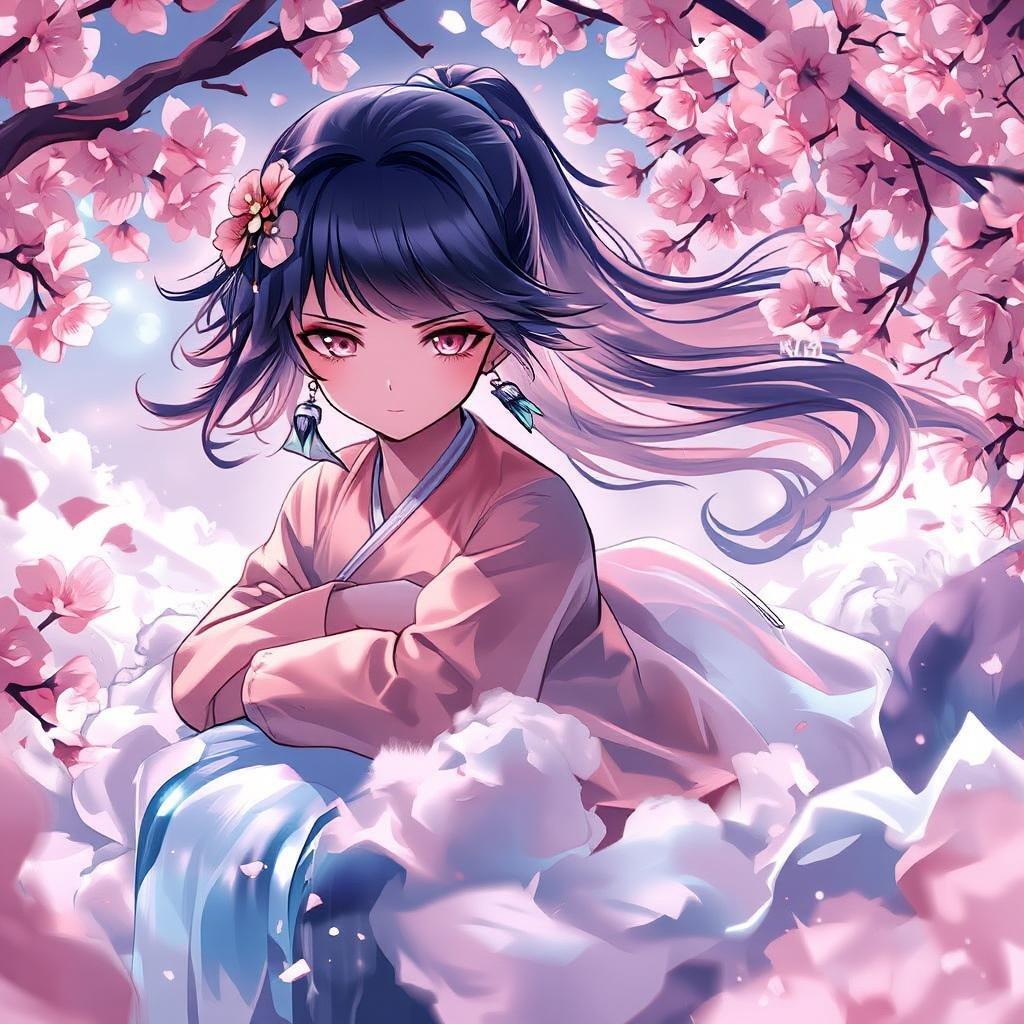 Immerse yourself in the serene beauty of this anime-style wallpaper, where a young girl floats effortlessly on a cloud, her hair flowing like a waterfall amidst the vibrant cherry blossom trees.