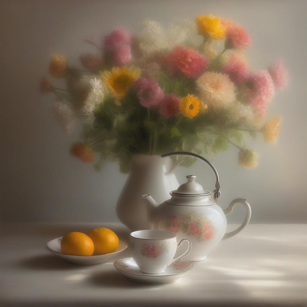 A cozy scene of afternoon tea, with a floral tea service set against the backdrop of a blooming garden.