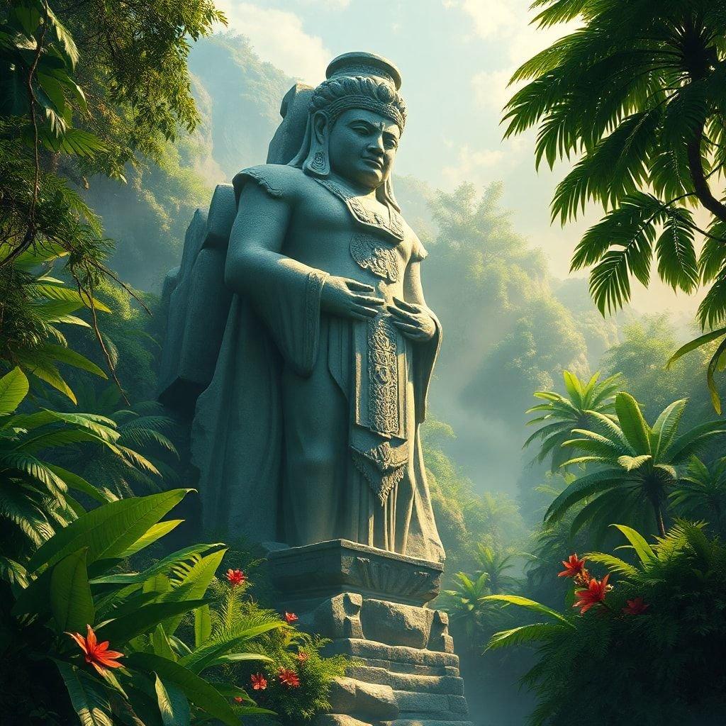 An ancient Buddha statue perched amidst lush tropical flora, exuding a sense of tranquility and spiritual awareness.