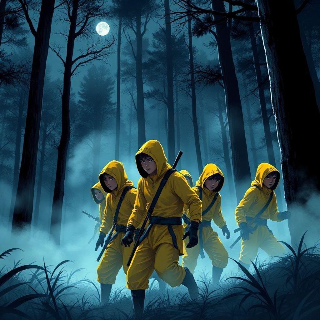 This wallpaper features a group of young ninjas sneaking through a misty forest at night, with their bright yellow attire and obscured faces adding to the mysterious atmosphere.