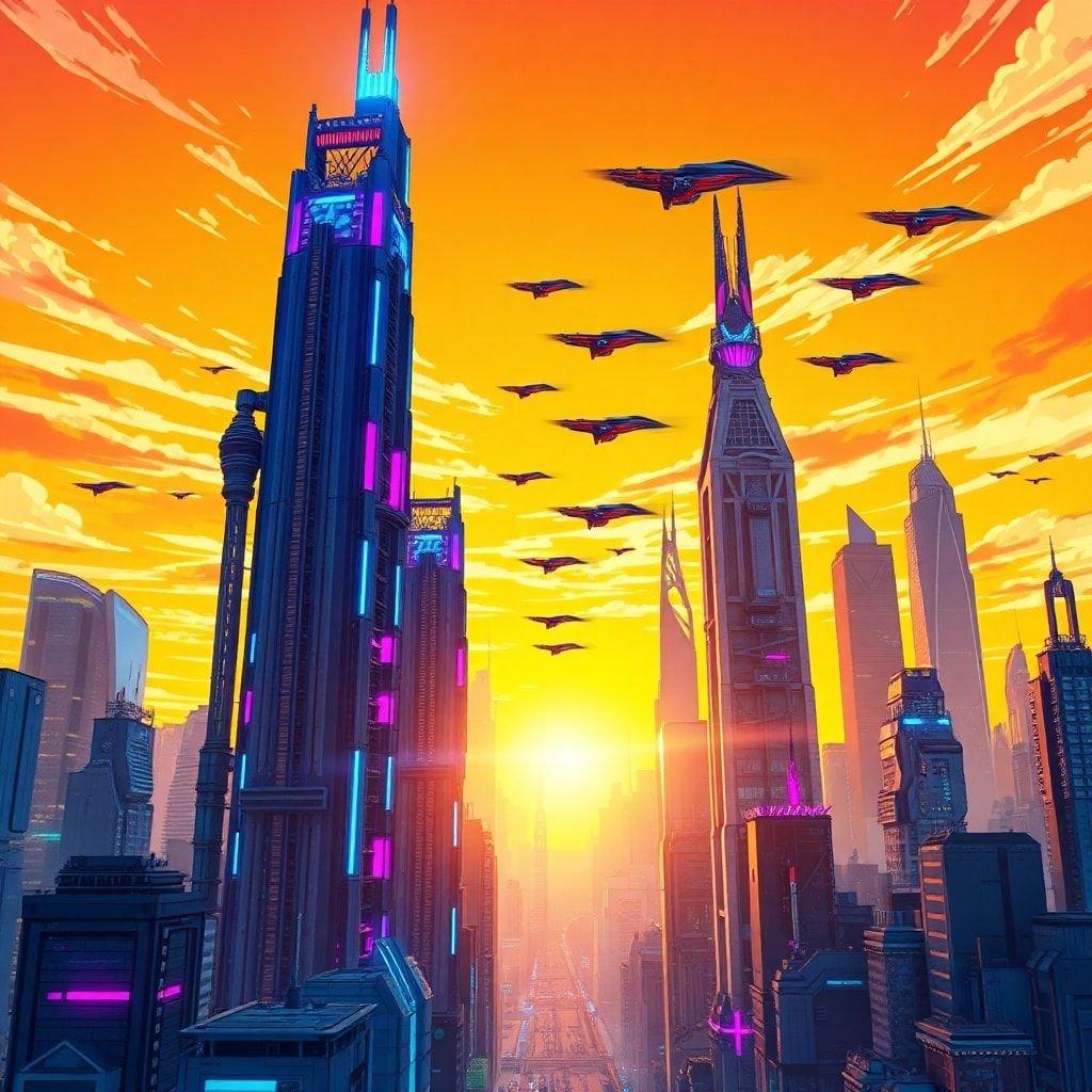 Plongez dans le monde vibrant de l'anime avec ce magnifique fond d'écran de paysage urbain, où des gratte-ciels futuristes rencontrent des rues illuminées au néon et des voitures volantes s'élèvent dans le ciel.