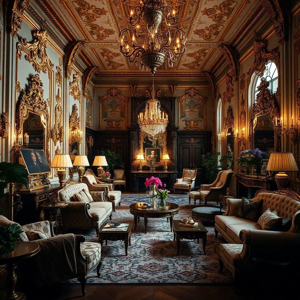 This luxurious drawing room exudes elegance with its ornate gold accents and rich velvets. The intricate ceiling and grand chandelier add to the sophisticated atmosphere, making it an ideal backdrop for conversation or simply enjoying a quiet moment.