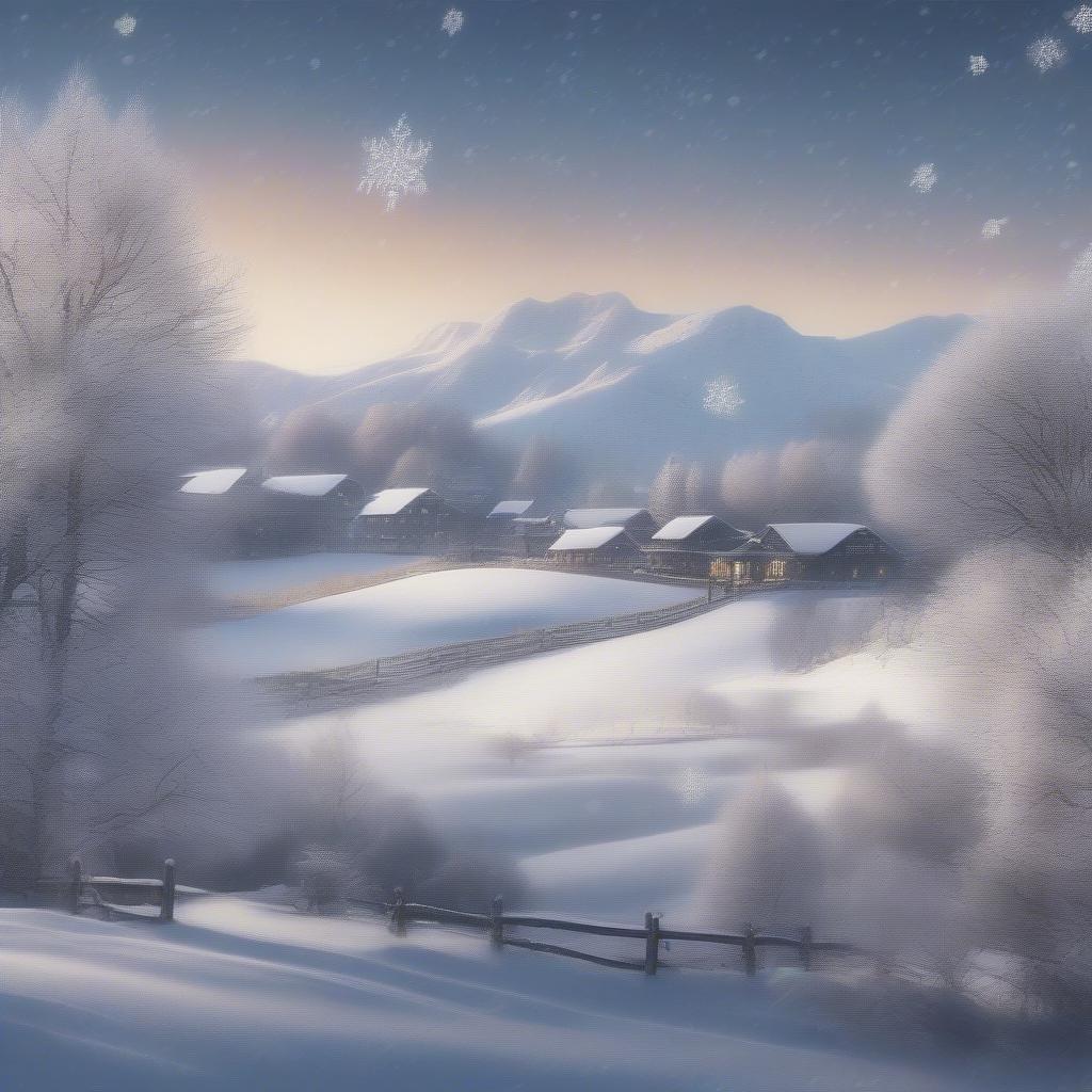 A serene winter scene with snow-covered hills, a quaint village, and twinkling stars in the sky.