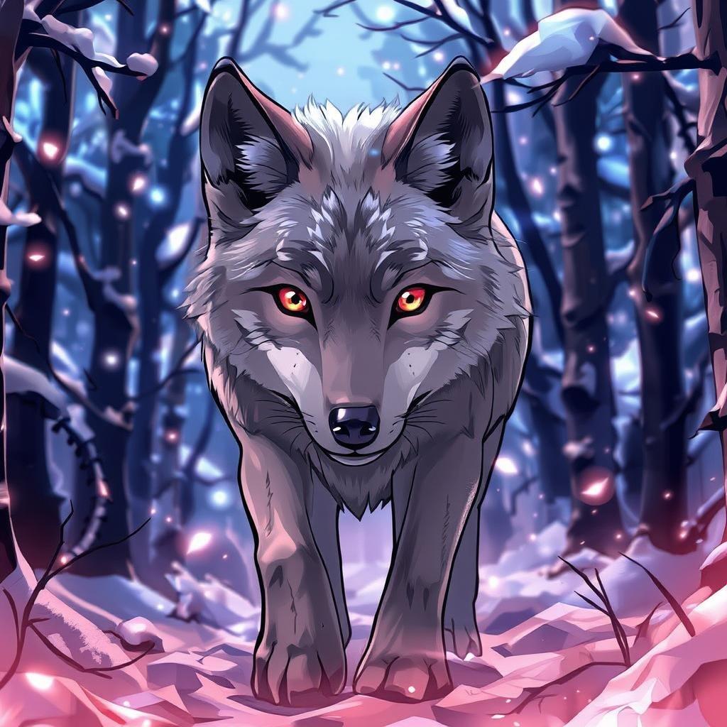 This image captures a moment of solitude and mystery in an enchanted forest. The wolf, depicted with striking red eyes and a cautious demeanor, embodies the spirit of the wild. The snow-covered path it treads upon contrasts with the soft glow of blue and white lights that fill the background, creating a magical atmosphere.