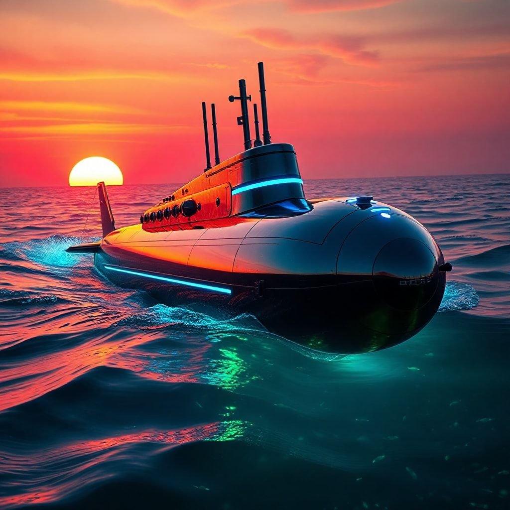 This stunning wallpaper features a sleek submarine gliding through the ocean at sunset, with neon lights illuminating its path. The vibrant colors and futuristic design make it a perfect fit for fans of neon and cyberpunk aesthetics.