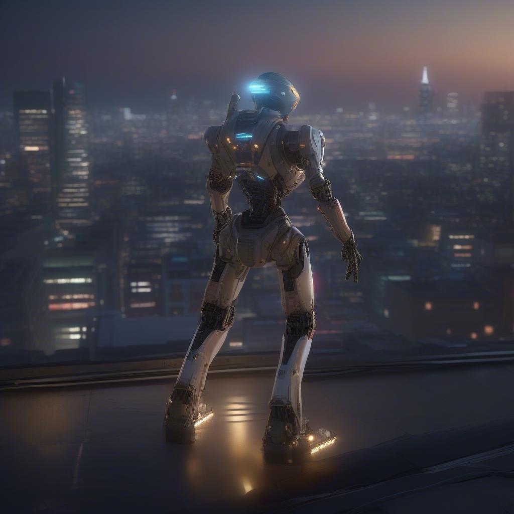 A sleek, futuristic robot assistant overlooking the bustling city at twilight.