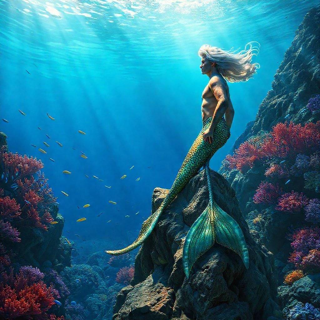 A beautiful mermaid sitting on an underwater rock, surrounded by vibrant marine life.