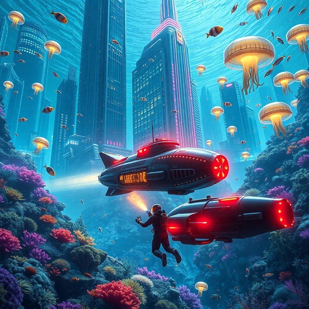 Dive into the world of gaming with this stunning underwater wallpaper, perfect for desktop and mobile use. The vibrant colors and futuristic cityscape create an immersive experience that will transport you to a new dimension.