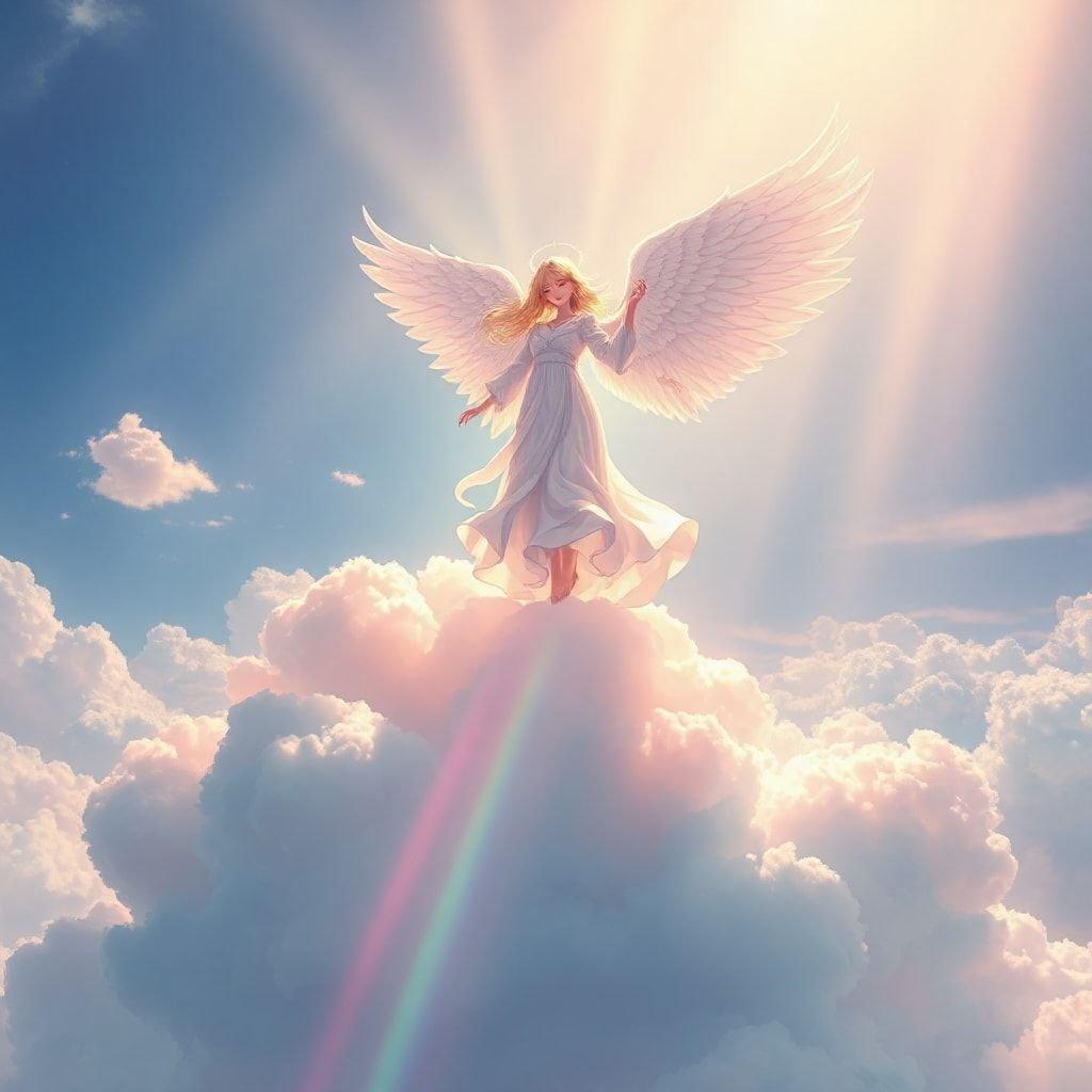 This stunning wallpaper features an angel standing on a cloud, surrounded by a radiant rainbow and a bright sun shining down. The angel's wings are spread wide, and its dress flows elegantly in the wind.