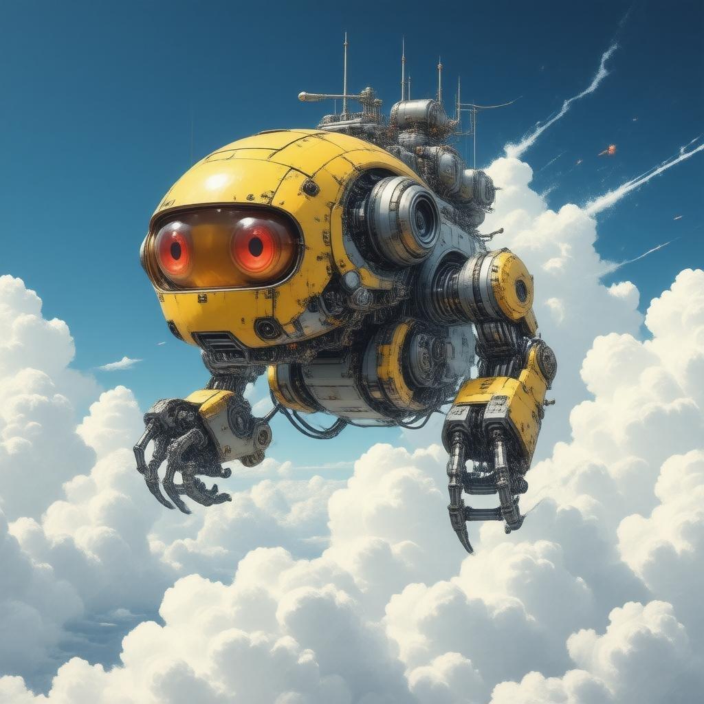 A whimsical steampunk-style robot soars through an expansive cloudy sky, embodying a spirit of exploration and wonder.