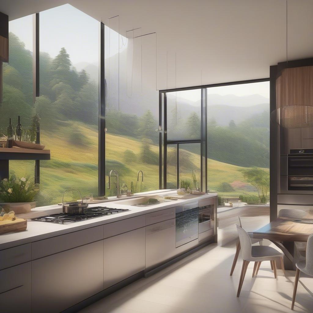 Elevate your culinary experience with this sleek and stylish modern kitchen, boasting a stunning view that adds a touch of nature to your cooking space.