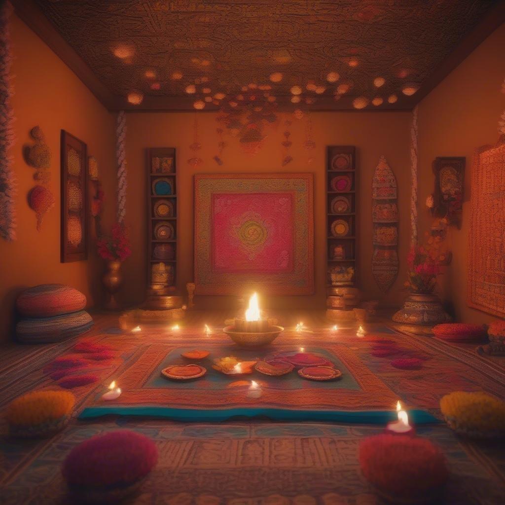 This image captures the festive spirit of Diwali, with a room beautifully adorned for the celebration. The walls are decorated with traditional rangoli patterns, and the floor is carpeted with colorful rangoli powders, adding to the vibrant atmosphere. Candles flicker in front of a beautiful peacock feather painting, casting a warm glow throughout the room. The peaceful setting invites one to pause and enjoy the beauty of this Indian festival.