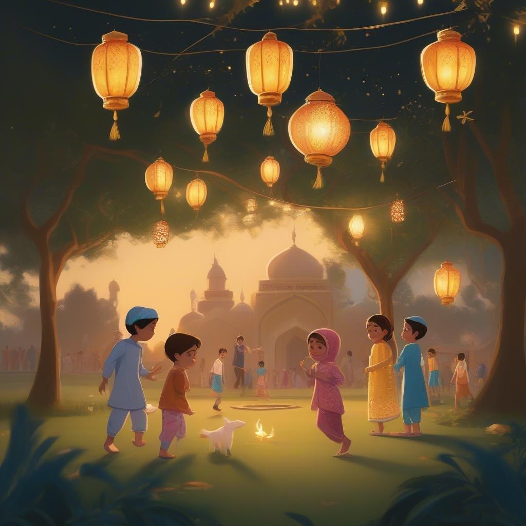 A joyous scene at the end of Ramadan where children gather to celebrate with their friends and family.