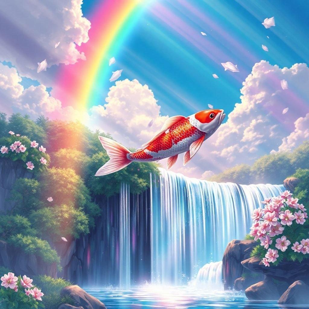 Eine detaillierte Anime-Illustration eines majestätischen Koi-Fisches, der über einen regenbogenfarbenen Wasserfall springt, mit einem lebhaften Regenbogen und einem bunten Himmel im Hintergrund. Die Szene fängt einen friedlichen Moment in der Natur mit einer ruhigen Atmosphäre ein.