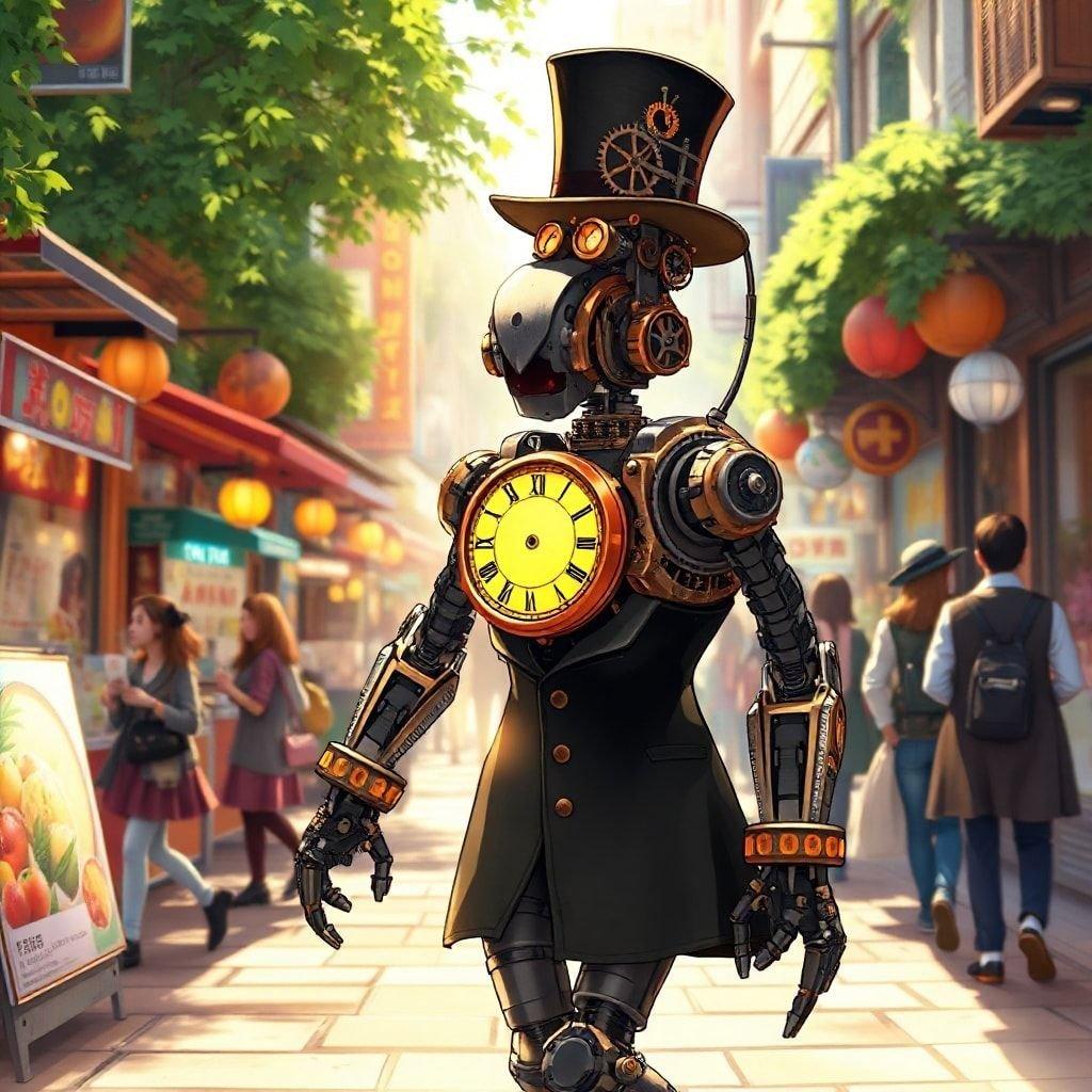 Ein kunstvoll gestalteter Steampunk-Roboter schreitet selbstbewusst durch eine belebte Straße. Gekleidet in eine schwarze Jacke und einen Hut, sticht der Roboter vor dem lebhaften Hintergrund von Geschäften und verschwommener Vegetation hervor.