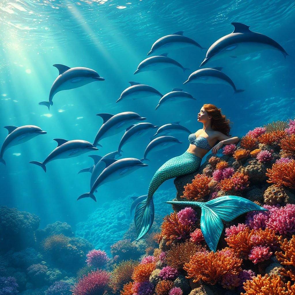 A young mermaid, adorned in a vibrant shell top and tail, sits on a coral reef as she watches a playful pod of dolphins dart past her.