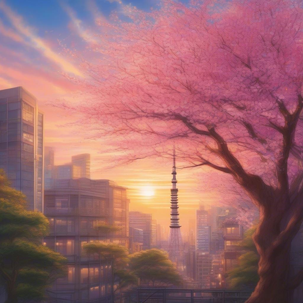 An anime-style illustration capturing a peaceful moment in a bustling city, where cherry blossoms bloom against the backdrop of a blurred urban skyline at sunset.