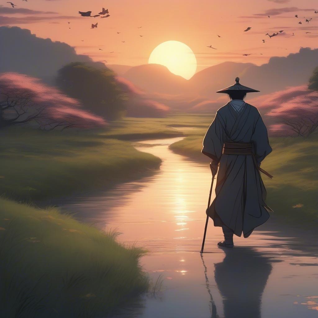 A serene scene of an anime character, likely from the Samurai genre, taking a reflective walk at sunset in a tranquil countryside setting.