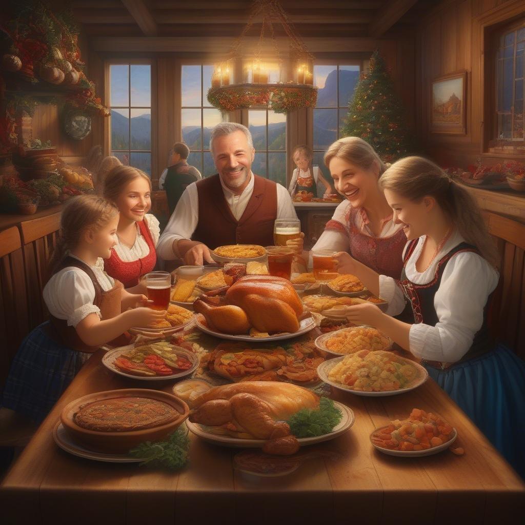 A warm family gathering in traditional Bavarian attire, enjoying a hearty meal at an Oktoberfest celebration.