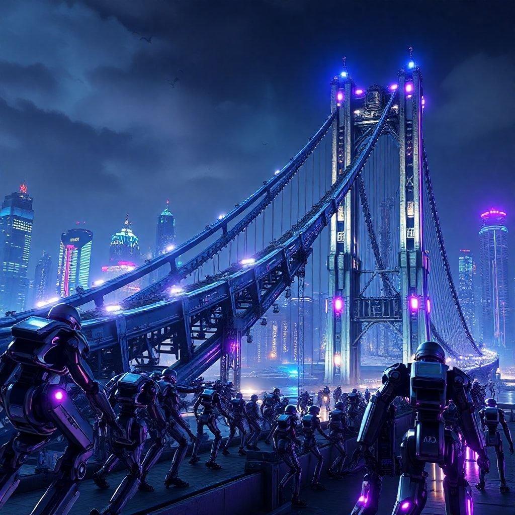 Città futuristica con un ponte imponente sotto luci al neon, brulicante di vita robotica.