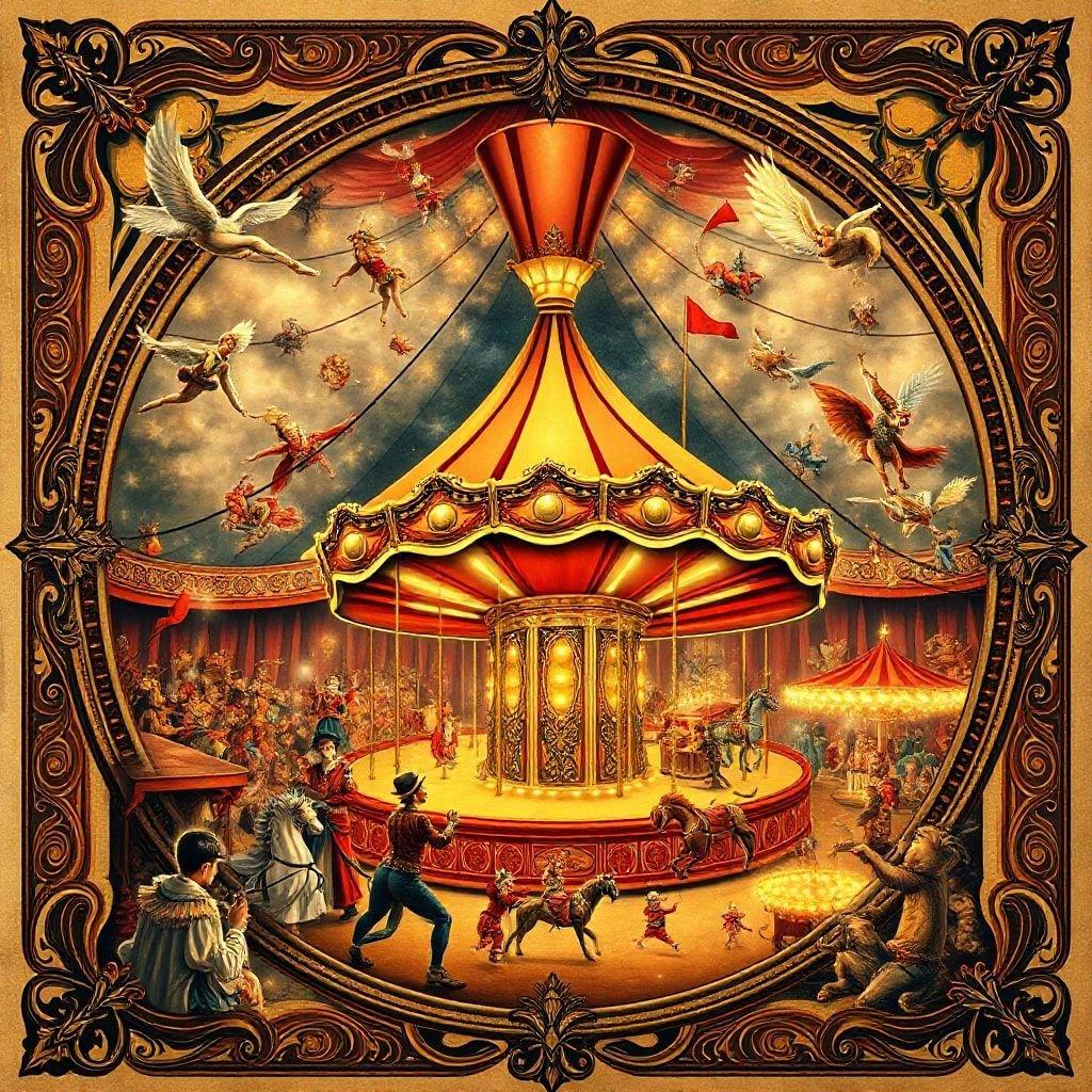 Step right up to this enchanting carousel, where the circus comes alive with fantastical figures and otherworldly characters. The golden carousel, a symbol of joy and whimsy, stands at the heart of this scene, surrounded by the daring antics of acrobats and the melodic strains of traveling musicians. This wallpaper captures the magical spirit of a fair under the stars, where reality and imagination meld into one vibrant spectacle.