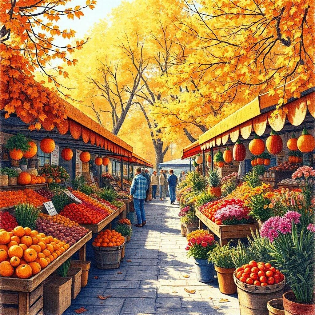 A bustling market scene set amidst the beauty of fall foliage, with a path leading to vibrant stalls brimming with fresh produce.