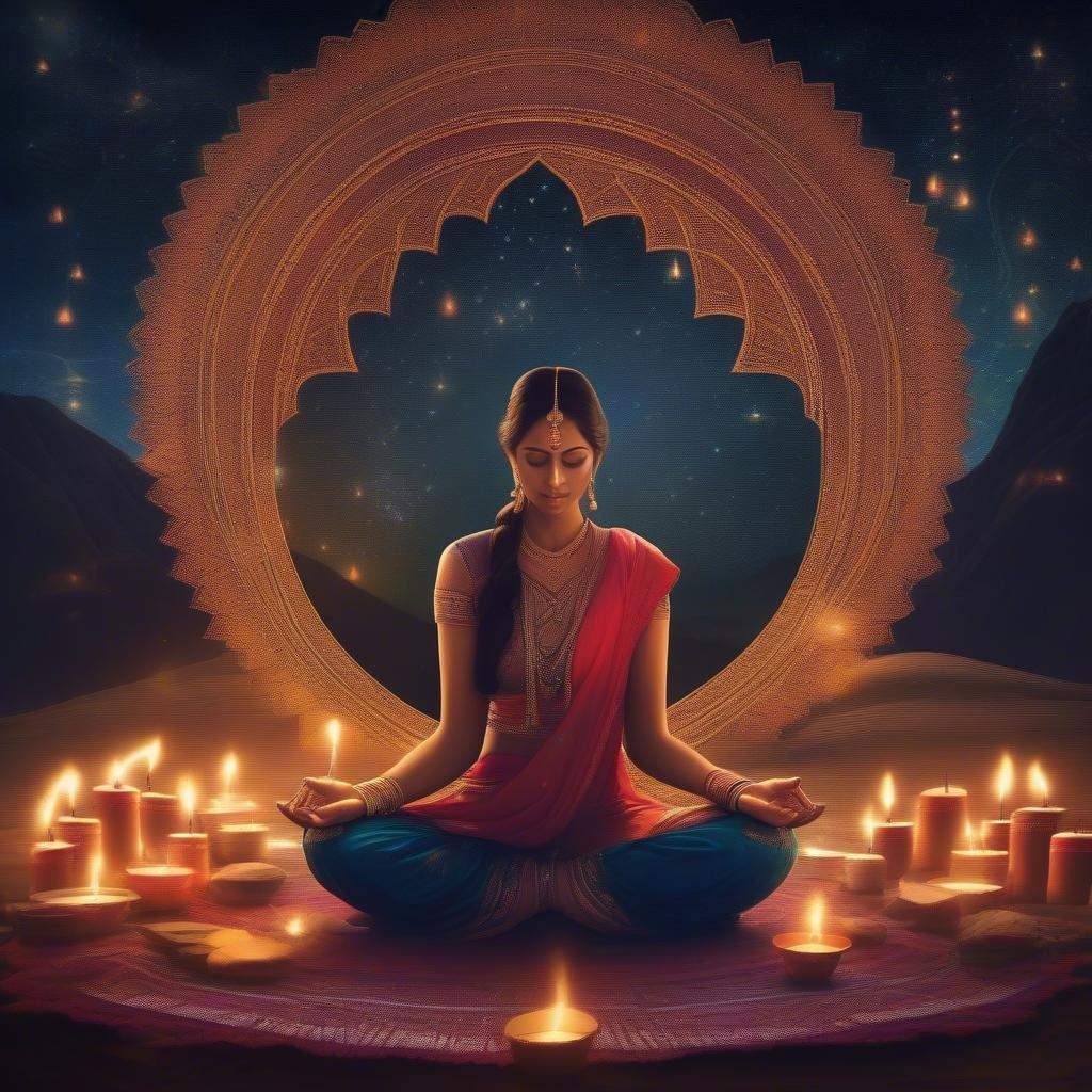 Another year of the Hindu festival Diwali, a celebration of light, victory over darkness, knowledge and wisdom, and new beginnings. The woman in the image is adorned with jewelry typical to the festival, sitting in a meditative pose, surrounded by candles that symbolize the illumination from within.