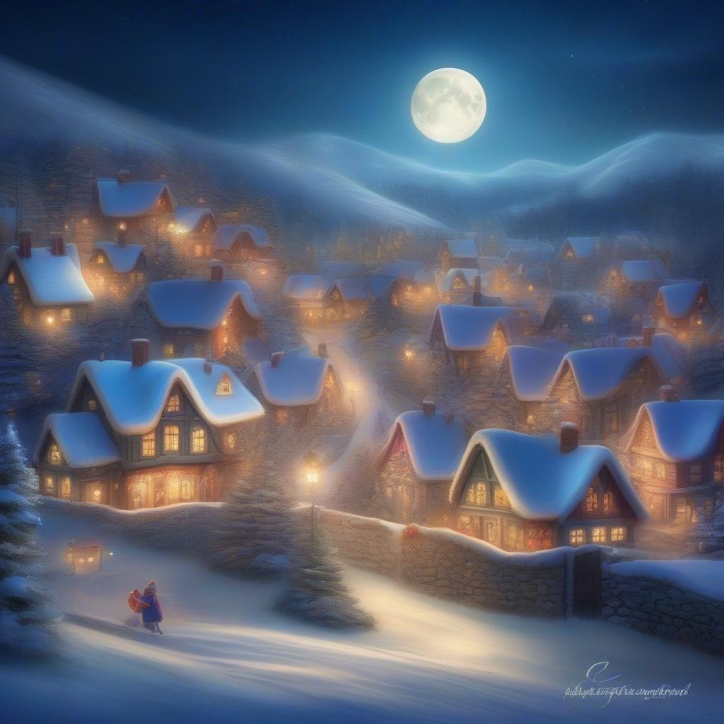 A cozy winter scene with snow-covered rooftops, warmly lit homes, and a full moon shining above the mountain. A small village embraces the holiday spirit.