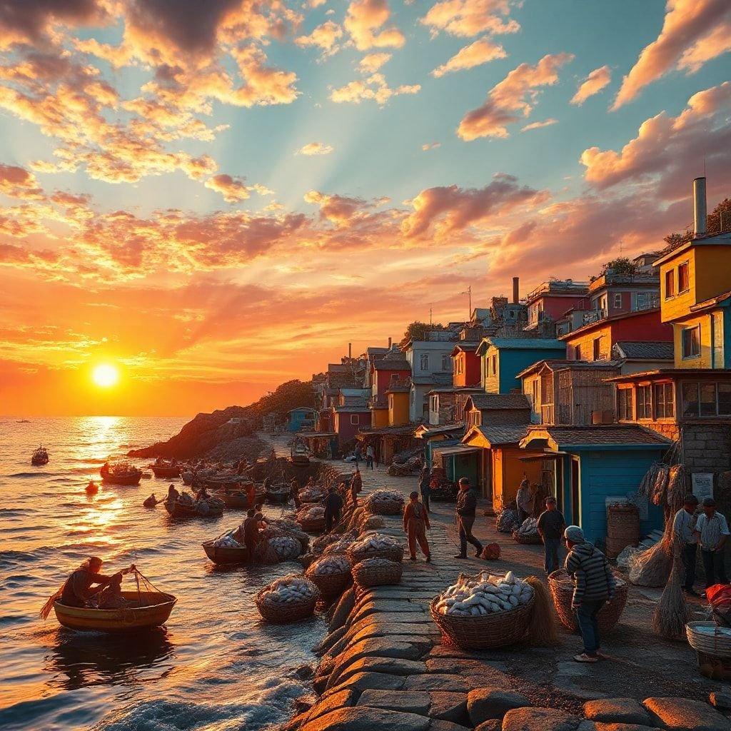 A breathtaking sunset over a quaint coastal village, where the warm light of the setting sun brings out the vibrant colors of the buildings and the sea.