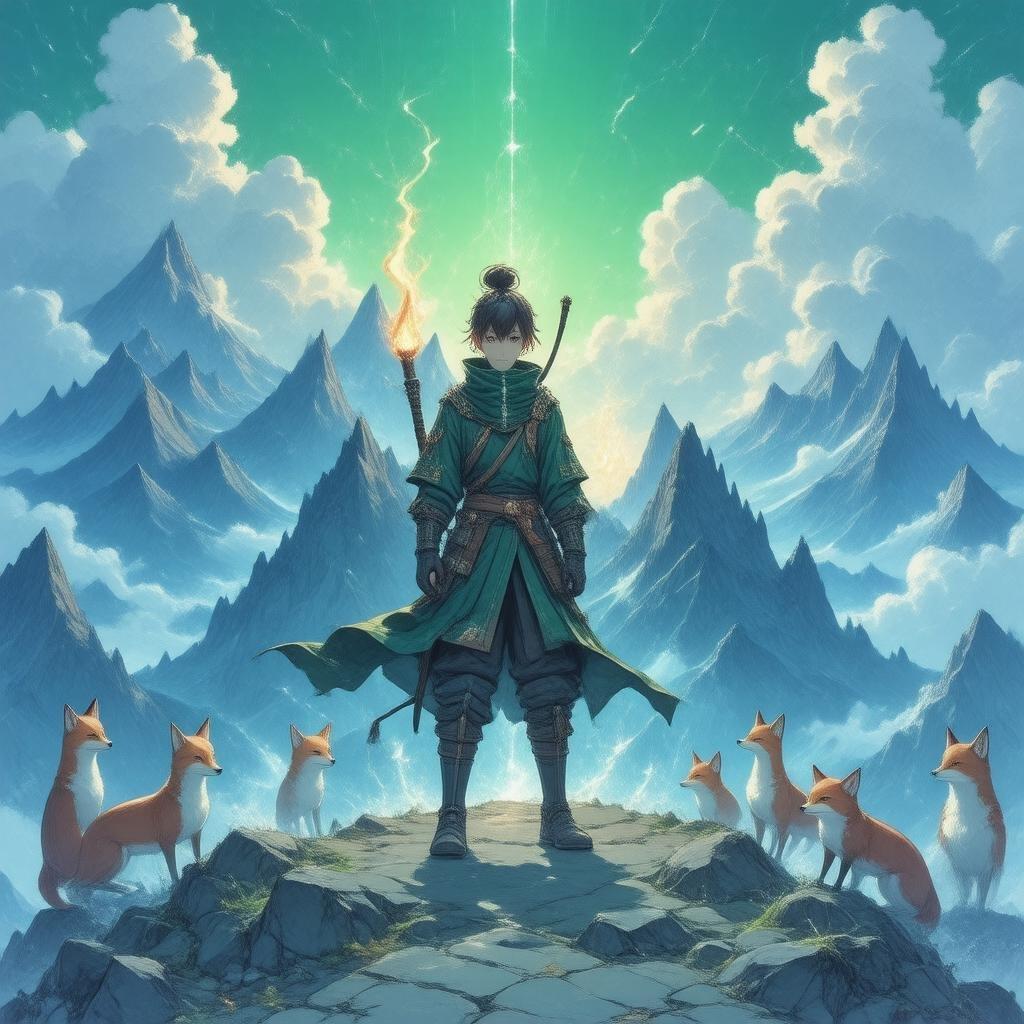 Embrace the mysticism as a young warrior stands resolute atop a mountain peak, bathed in ethereal blue and green hues. Surrounded by playful fox spirits, he holds aloft a torch that casts an otherworldly glow, illuminating his path through this magical realm.