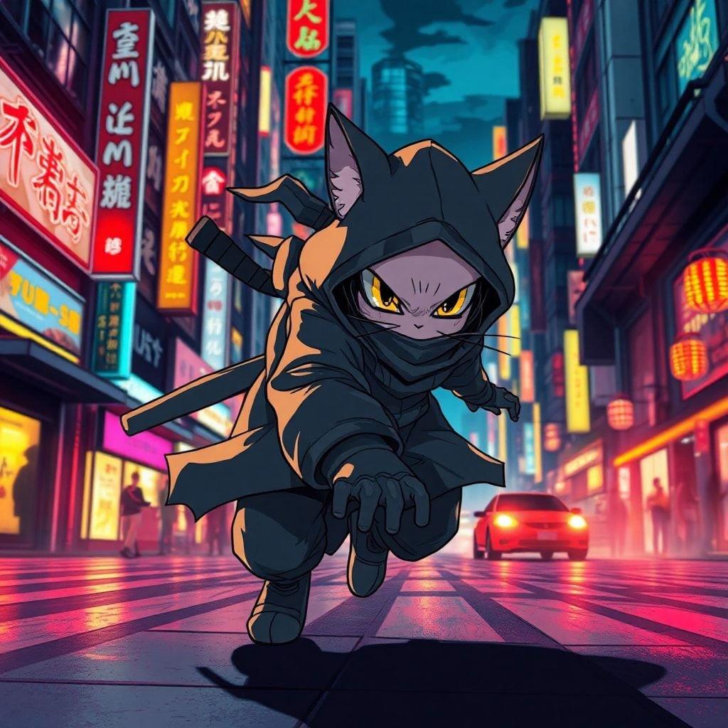 Sneaking through the neon lights, this feline ninja exudes an air of mystery and intrigue.