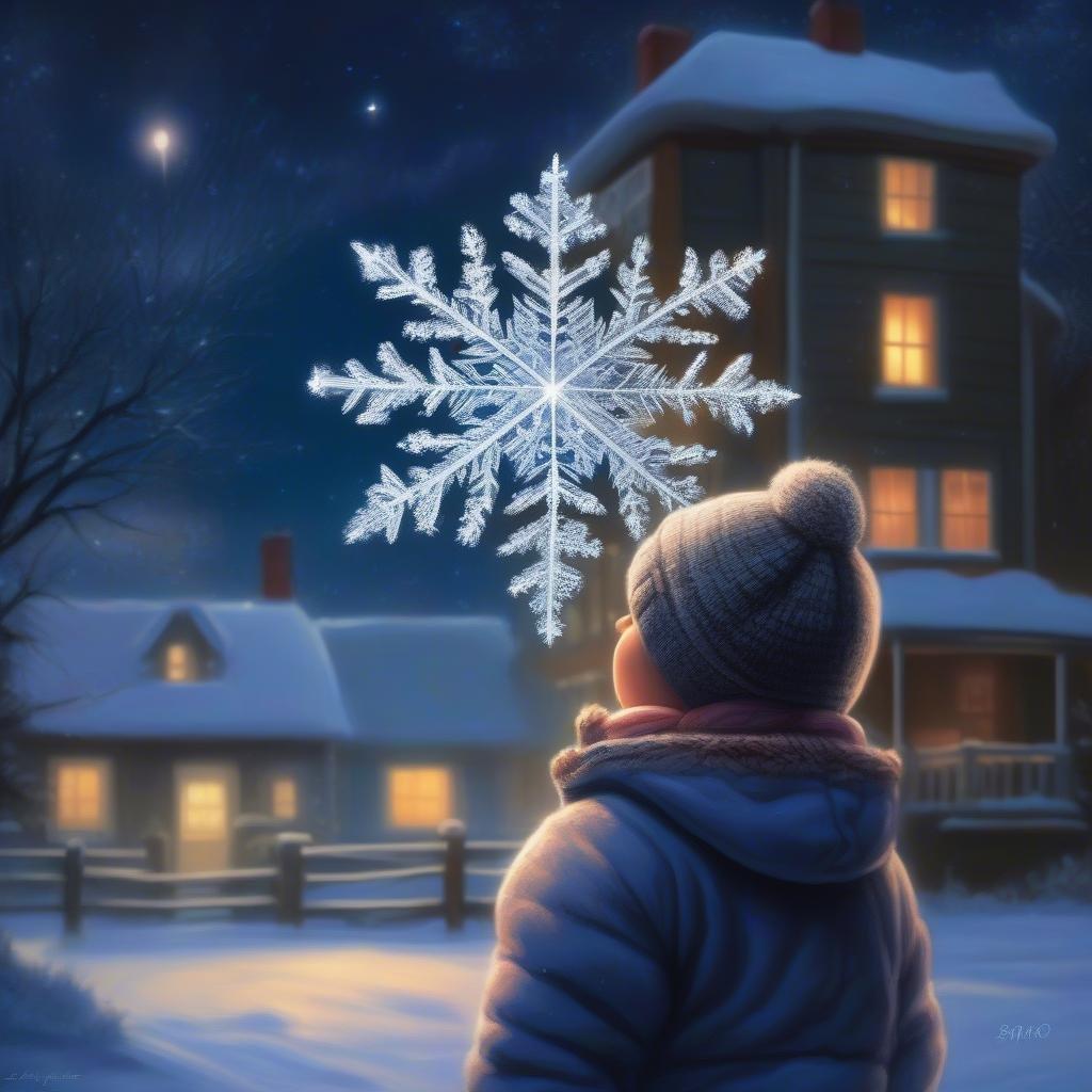 A cozy winter scene with a child looking up at the snowflake decoration. The night sky is full of stars, and there's a warm glow from the house windows. It's a picture-perfect moment that captures the charm of winter festivities.