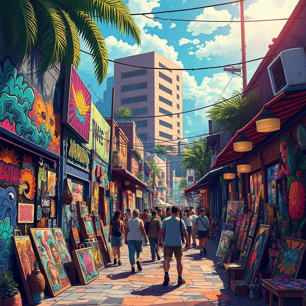 This vibrant city street art wallpaper brings the energy of urban architecture to your desktop or mobile device, capturing the essence of city life with its colorful and dynamic design.