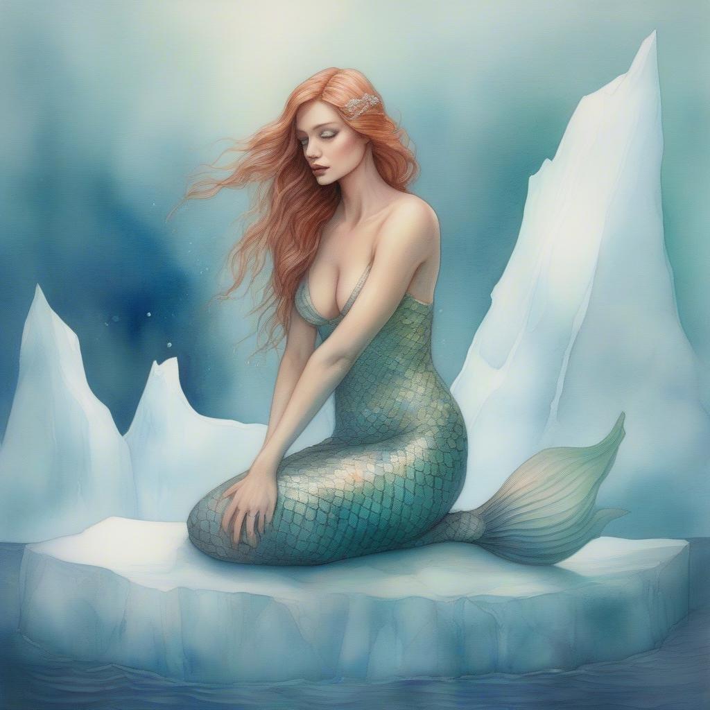 This artistic wallpaper captures the allure of an ethereal mermaid amidst a serene iceberg setting, blending elements of water and ice in a breathtakingly realistic yet whimsical style. The vibrant color palette and detailed artistry make it a perfect fit for any desktop or mobile device, evoking the tranquility of a mythical underwater world.