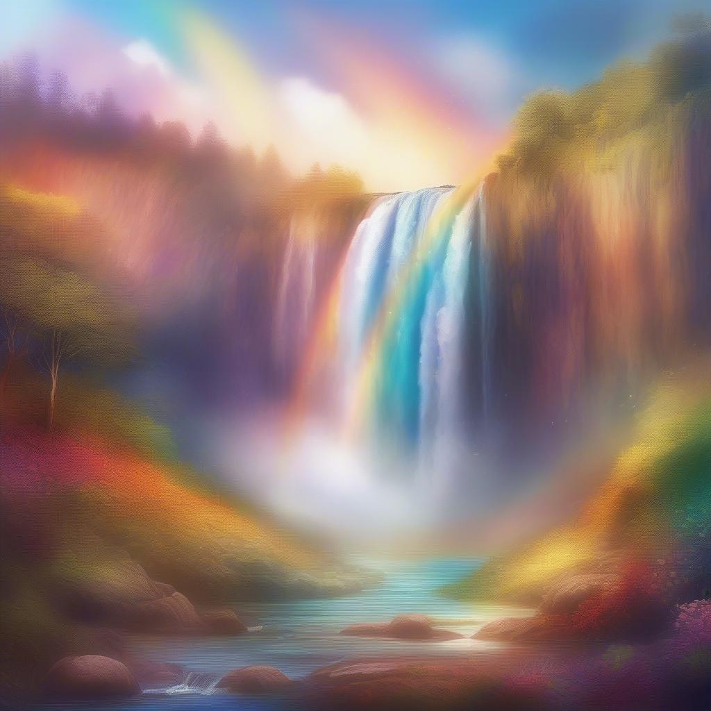 Eine lebendige, inspirierende Bergszene mit einem mehrfarbigen Wasserfall inmitten üppiger Grünflächen. Perfekt für Desktop- und Mobilhintergründe in der Kategorie Inspiration &#38; Wellness.