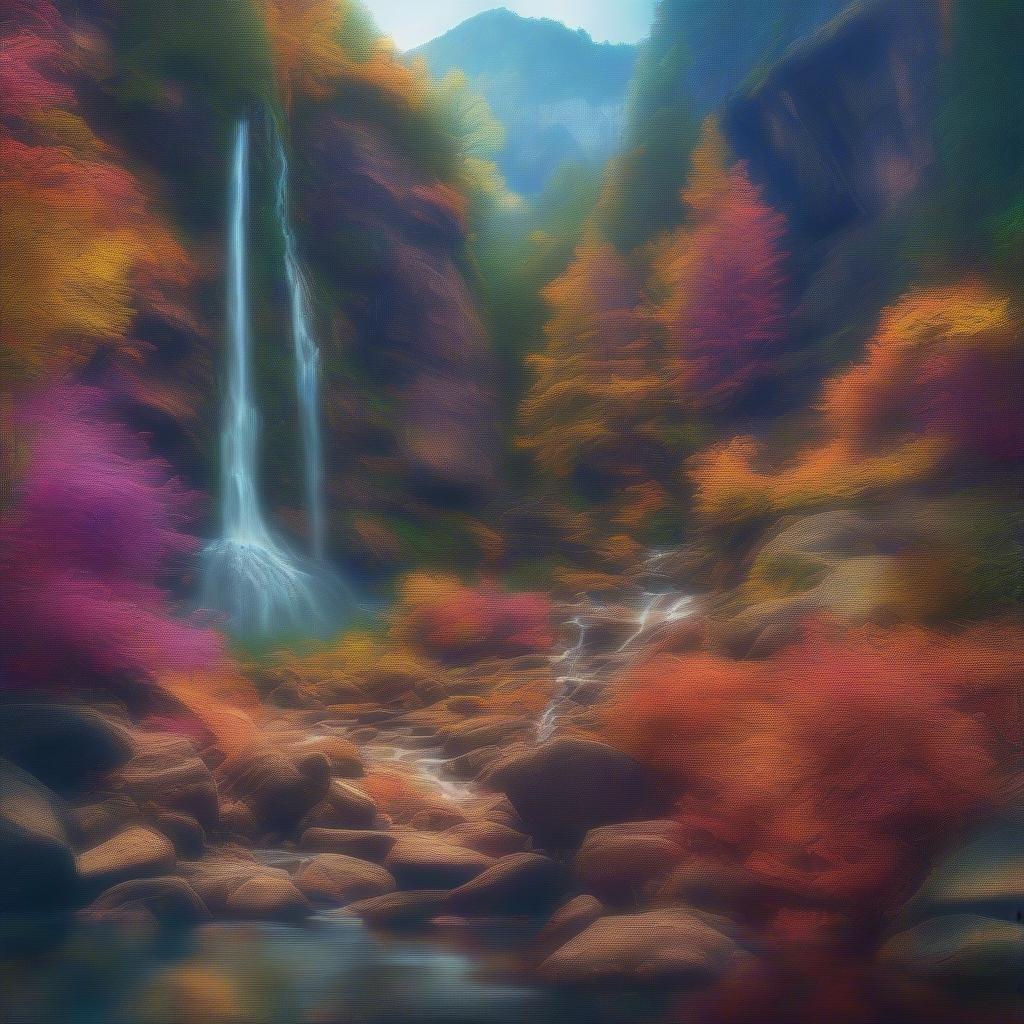 This vibrant autumn scene captures the beauty of nature with its stunning color palette, showcasing the seasonal transformation from a lush green landscape to a riot of fall foliage. The waterfall and canyon provide a serene backdrop for an image that would make a perfect desktop or mobile wallpaper.