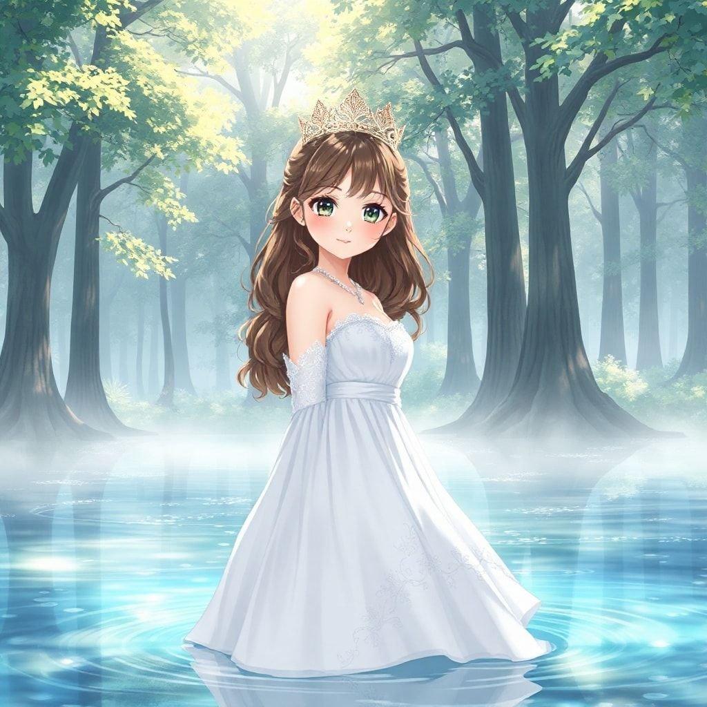 Sumérgete en la serena belleza de esta ilustración de estilo anime, donde una joven, vestida con un impresionante vestido blanco y coronada con elegancia, se encuentra con gracia en la orilla de un tranquilo lago, su mirada cautivadora dirigida al espectador.