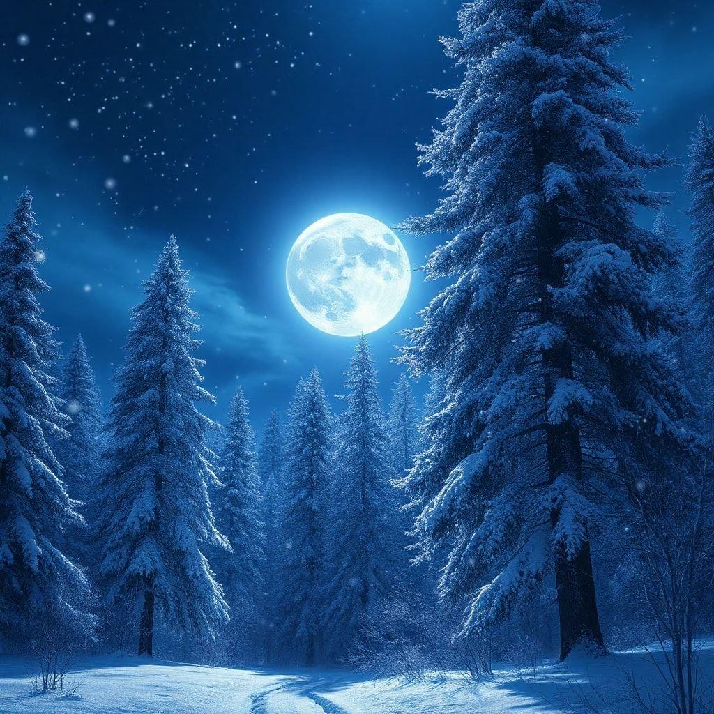 A serene winter scene under a full moon, with snow-covered trees illuminated by celestial light. A festive night walk through the woods.