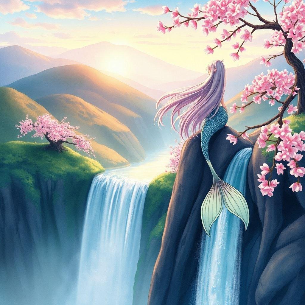 Una encantadora ilustración de anime que muestra a una sirena con cabello de luz mágica posada sobre una pintoresca cascada, situada en un idílico paisaje japonés bajo un hermoso cielo de flores de cerezo.