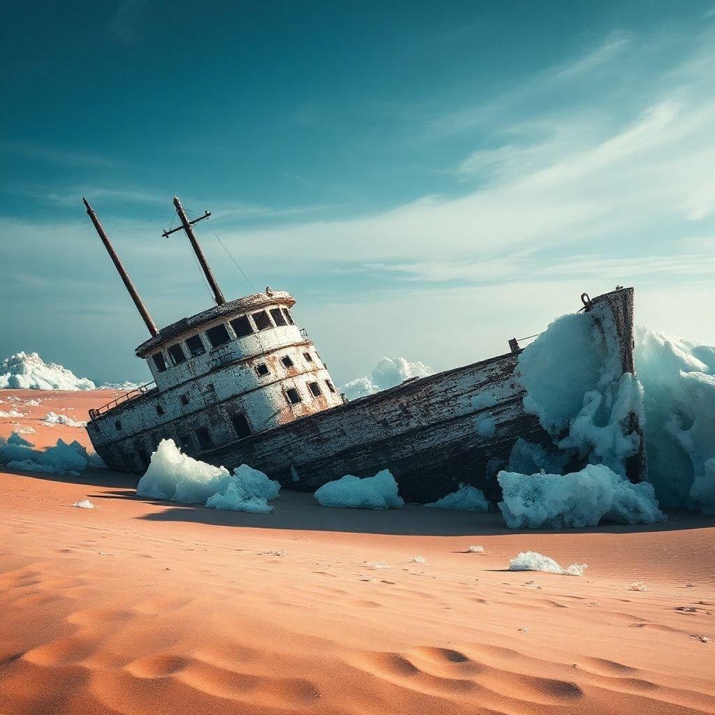 A vintage shipwreck stuck in ice, sitting stranded on a sandy beach.