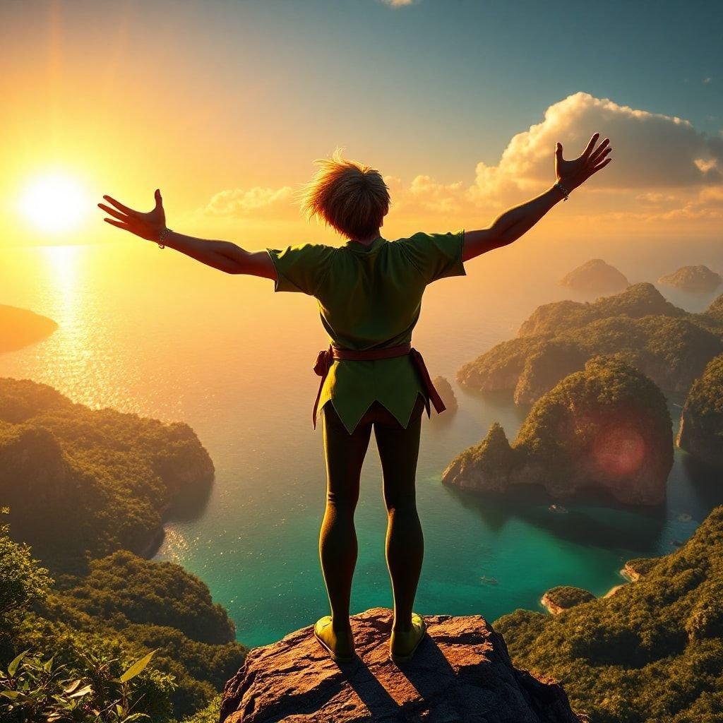 A breathtaking view of a mountainous landscape at sunset, embracing the freedom and wonder of nature. Featuring Peter Pan, the adventurous spirit from Disney's classic film.