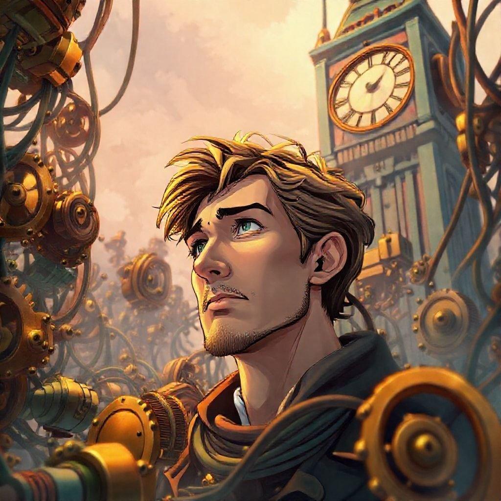 Tauchen Sie ein in die fesselnde Welt des Steampunk mit diesem anime-inspirierten Wallpaper, wo komplizierte Zahnräder und Drähte nahtlos mit dem nachdenklichen Ausdruck des Erfinders verschmelzen.