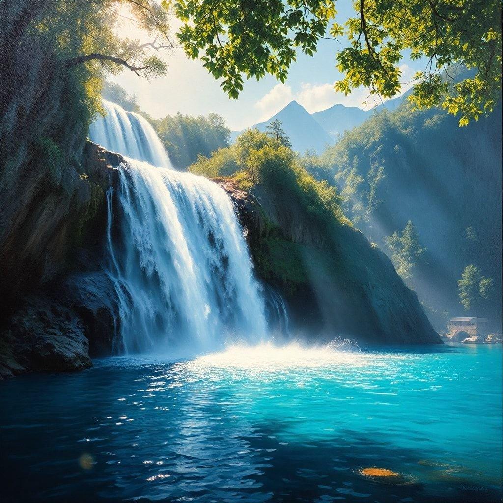 Experience the tranquility and natural beauty of this picturesque landscape, featuring a cascading waterfall that flows into a vibrant blue lagoon. The surrounding verdant cliffs and trees complete this serene setting.