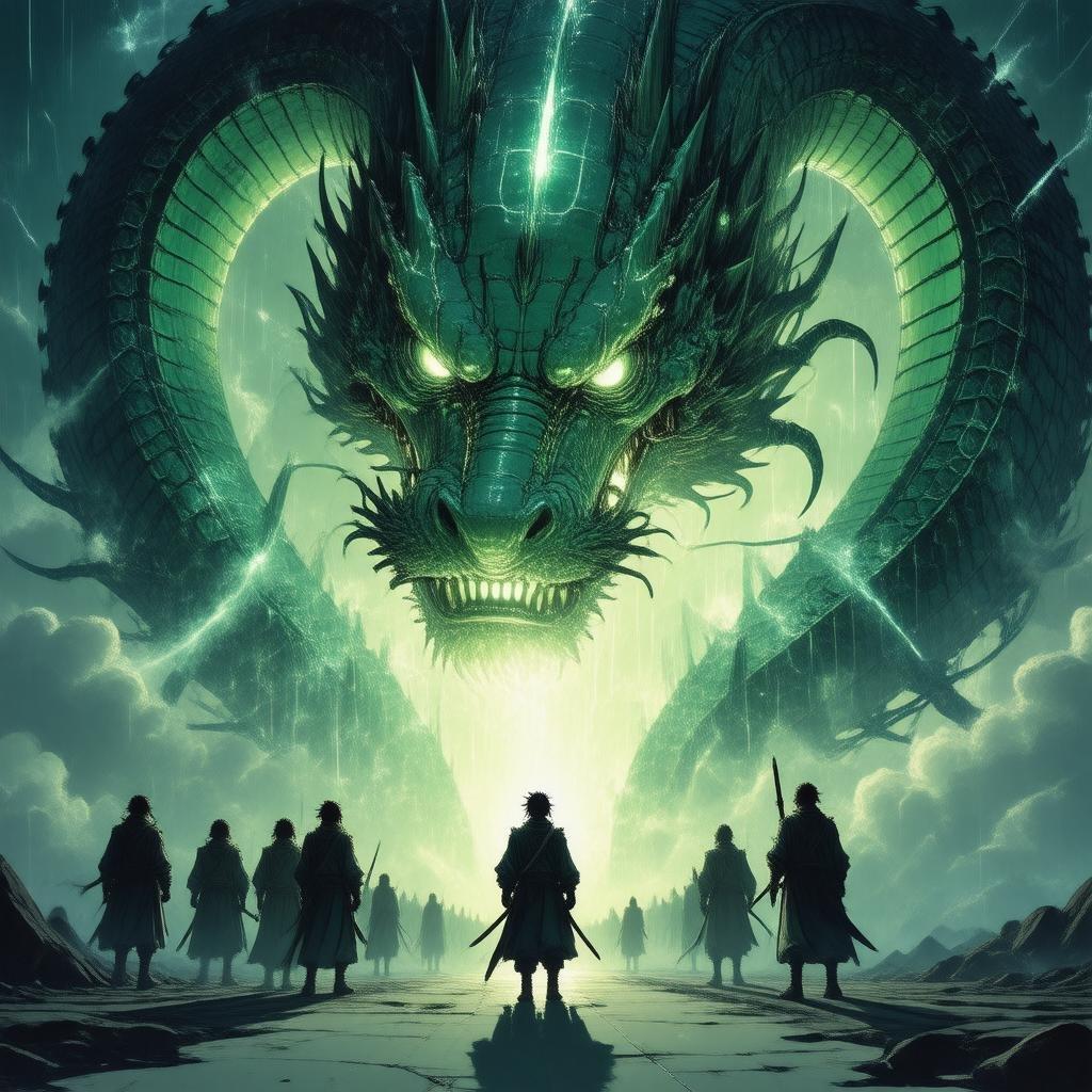 A detailed anime illustration featuring a group of anime warriors standing in front of a giant mechanical serpent, with the serpent's sharp claws and glowing eyes adding an air of power.