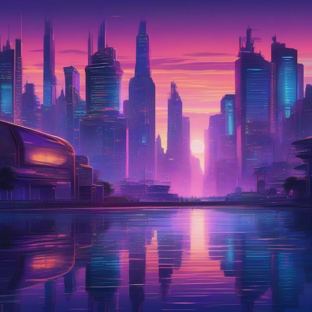 A stunning digital illustration capturing the essence of an animated urban landscape during sunset. The city's lights reflect off a serene body of water, creating a dreamy blend of vibrant colors with towering skyscrapers reaching for the sky.