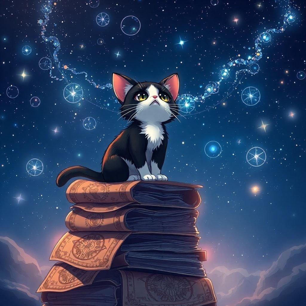 Immerse yourself in the enchanting world of anime with this captivating wallpaper featuring a young cat perched atop a stack of celestial maps, gazing up at the stars. The intricate details of the map's symbols add depth and mystery to the scene, set against a deep blue background that enhances the sense of wonder.